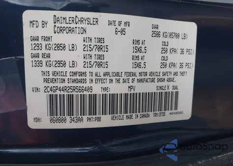 2005 Chrysler Town & Country Lx из США, поврежденный, VIN 2C4GP44R25R566409